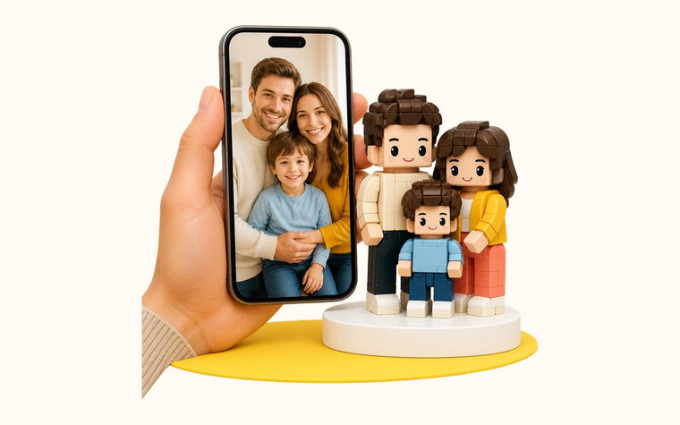 A phone showing a family photo held beside the brick figure built from it