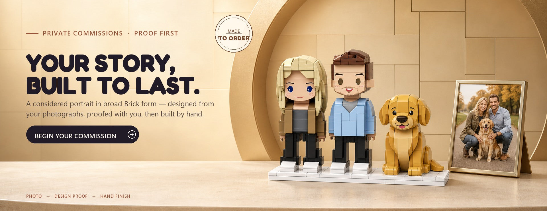 Premium made-to-order Brick couple and dog commission beside the source portrait