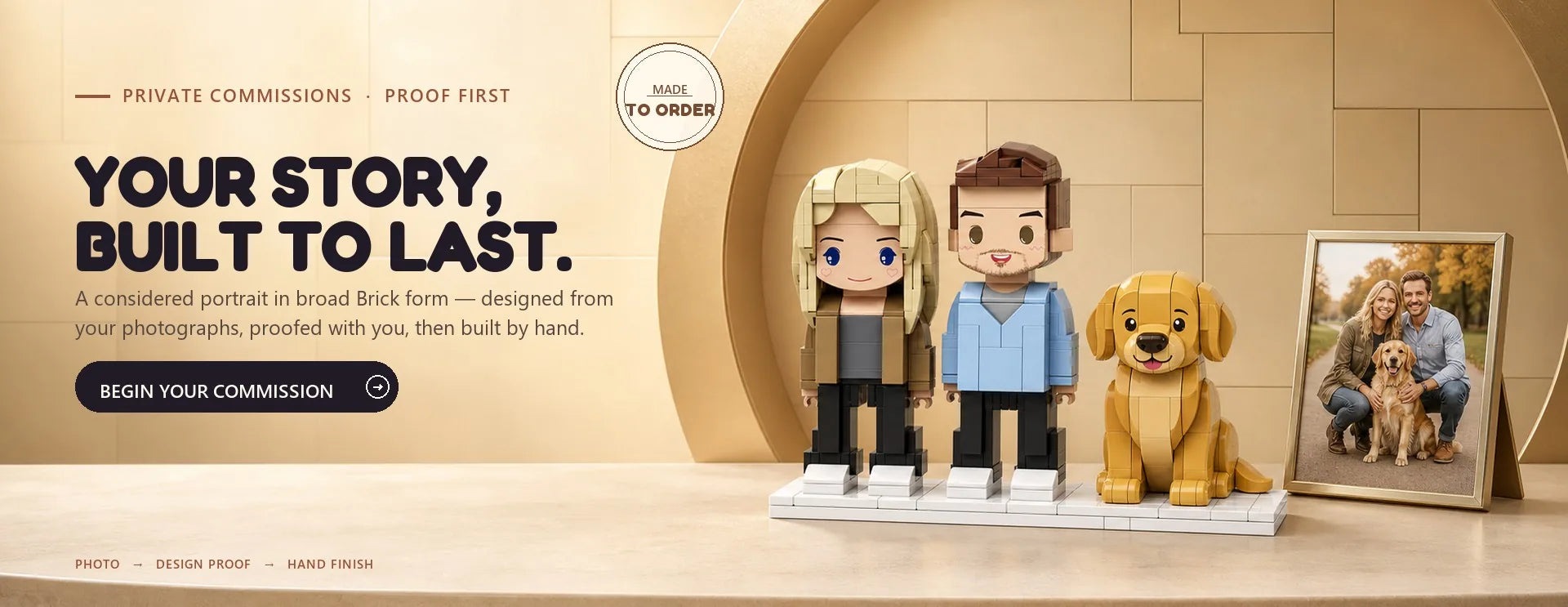 Premium made-to-order Brick couple and dog commission beside the source portrait