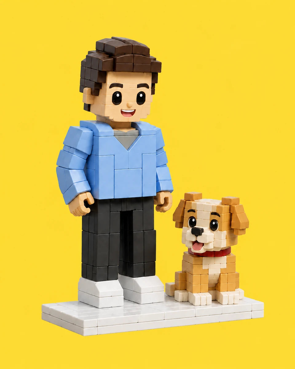 A blue-shirt brick man and friendly golden brick dog on a white display base
