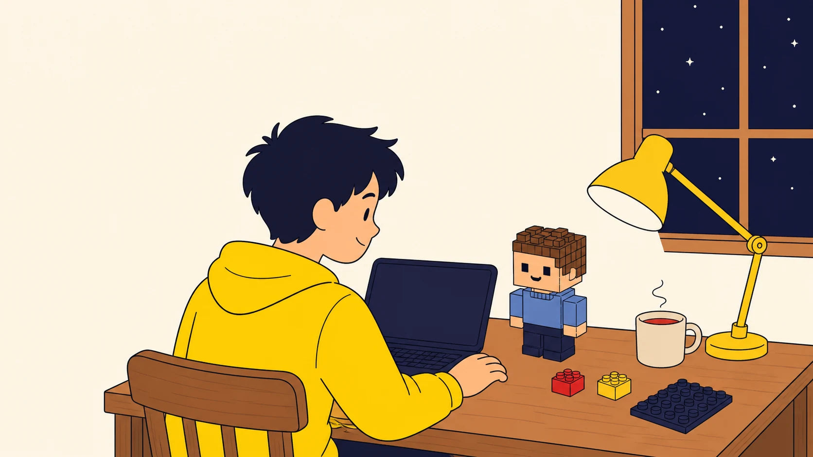Illustration of a maker working late at a laptop beside a small brick character