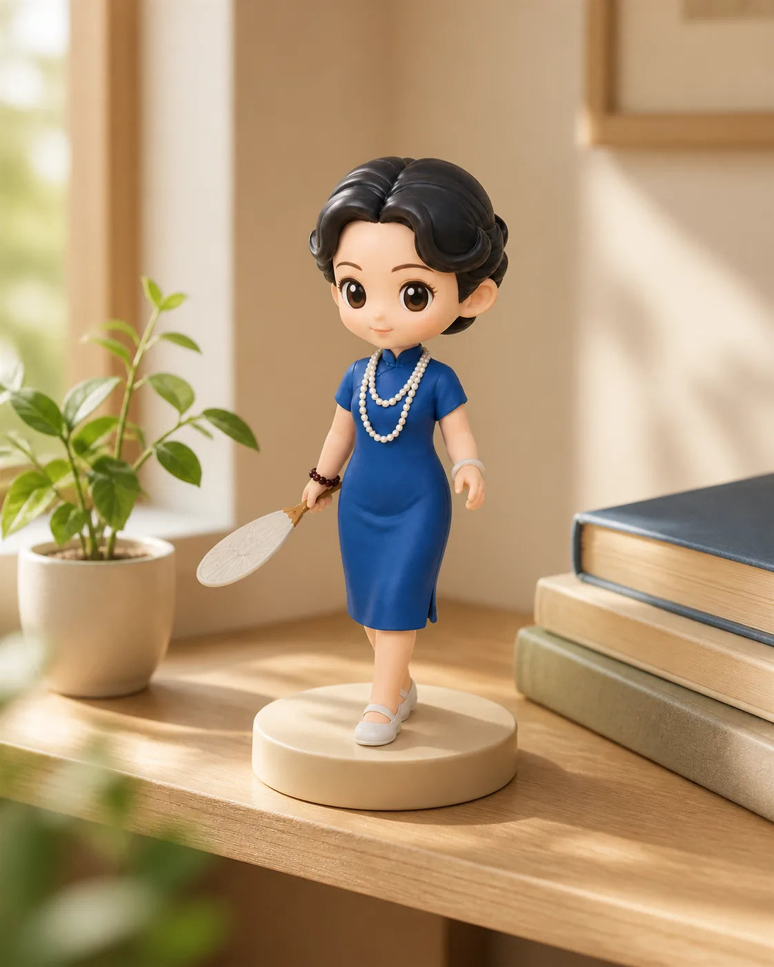 A blue-dress resin character on a sunlit shelf beside books and a plant